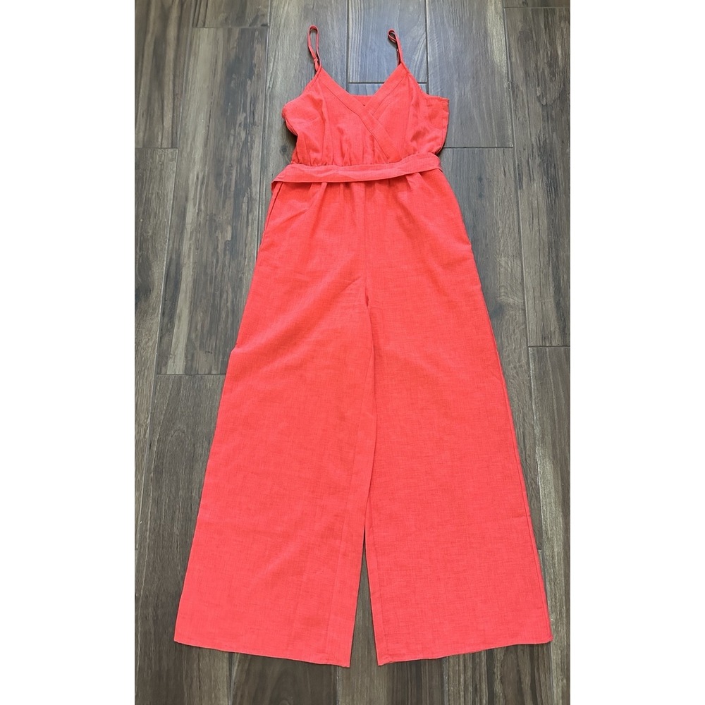 Flying Tomato Womens Coral Red Wide Leg Jumpsuit IP64425-TJ Medium Belted Wrap V